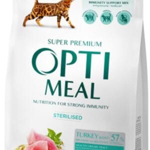 Пакет корму для котів Opti Meal з інгредієнтами індички та інформацією про харчування.