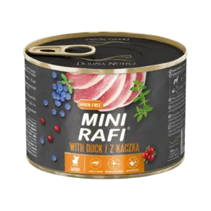 Консервна банка корму для собак з качкою та ягодами.