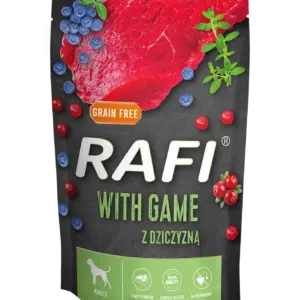 Пакет корму для собак з написом 'RAFI with game' та зображенням м'яса і ягід.