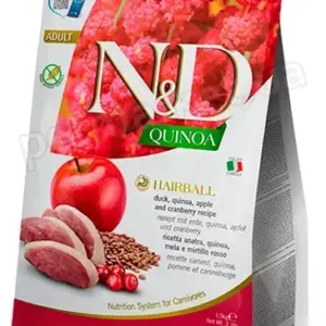 Пакет корму для котів N&D Quinoa з інгредієнтами качки, кіноа, яблука та журавлини.