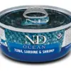 Консервна банка з тунцем, сардинами та креветками марки N&D Ocean.