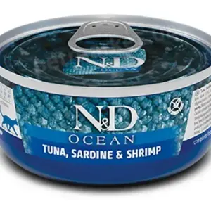 Консервна банка з тунцем, сардинами та креветками марки N&D Ocean.