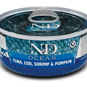 Консервна банка з тунцем, тріскою, креветками та гарбузом.