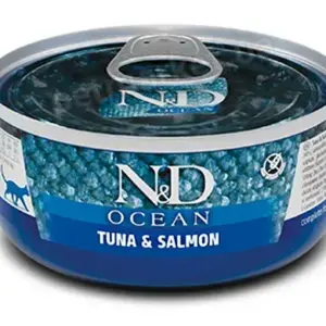 Консервна банка з тунцем та лососем марки ND Ocean.