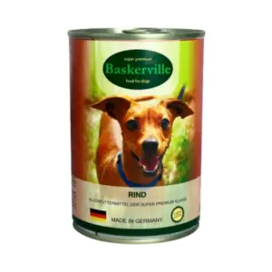 Консервована їжа для собак з зображенням щасливого собаки на етикетці.