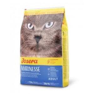 Пакет корму для котів Josera Marinesse з зображенням кота на передній частині.