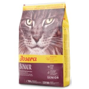 Пакет корму для котів Josera Senior з зображенням кота на передній стороні.