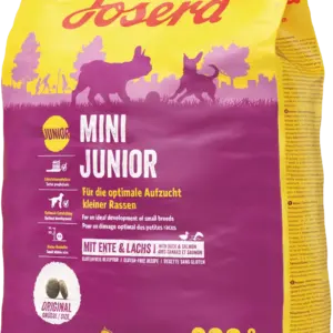 Пакет корму для собак Josera Mini Junior з інформацією про склад і призначення.