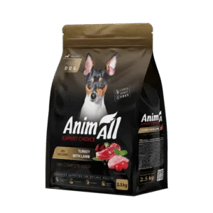 Пакет сухого корму для собак марки AnimAll з інгредієнтами індички та ягняти.