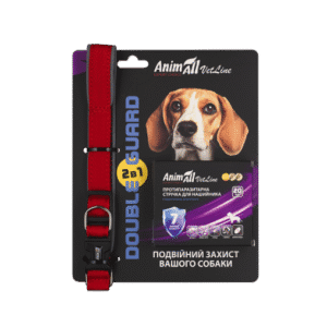 Червоний нашийник для собак на упаковці з зображенням бульдога.