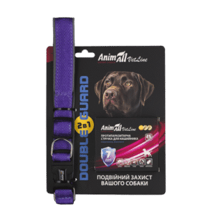 Фіолетовий повідок для собак на упаковці з зображенням собаки.