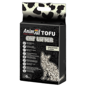 Упаковка котячого наповнювача AnimAll Tofu з зображенням кота на передній частині.
