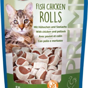 Пакетик корму для котів Trixie з рибними та курячими рулетами.