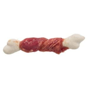 Сухий корм для собак у формі закрученої палички з м'ясом та білою оболонкою.
