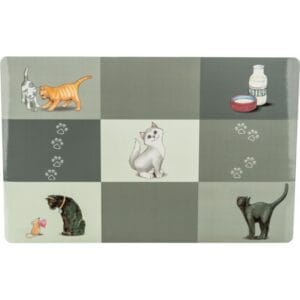 Килимок для тварин з малюнками котів і мискою з молоком.