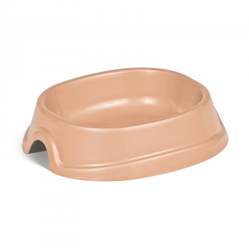 Пластикова миска для тварин Пластикова миска для корму або води для тварин, світло-коричневого кольору.