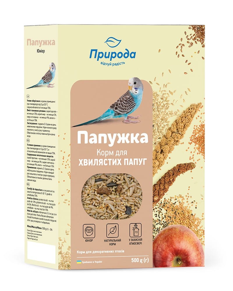 Корм для хвилястих папуг Папужка Упаковка корму для хвилястих папуг з зображенням папужки та зернами на фоні.