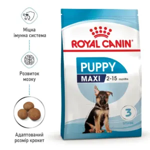 Пакет корму для цуценят марки Royal Canin з зображенням німецької вівчарки та інформацією про поживні властивості.