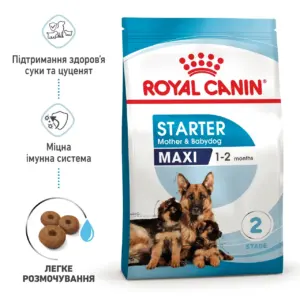 Пакет корму для собак Royal Canin Starter Maxi з зображенням матері-собаки та цуценят.