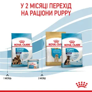 Пакети корму для собак Royal Canin з інформацією про перехід на раціони для цуценят.