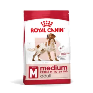 Пакет корму для собак Royal Canin середнього розміру з зображенням собаки на передньому плані.