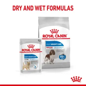 Пакування сухого та вологого корму для собак марки Royal Canin з написом "LIGHT WEIGHT CARE".