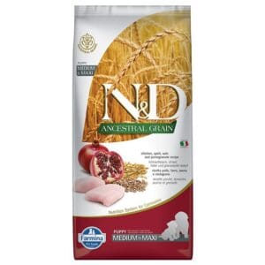 Пакет корму для цуценят N&D Ancestral Grain з куркою, спельтою, вівсом та гранатом.