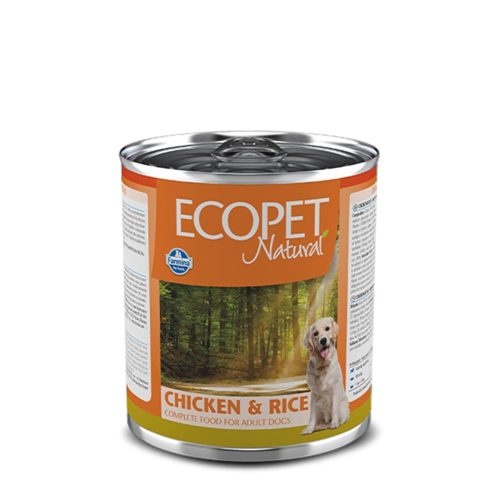 Консервована їжа для собак ECOPET Natural Консервована їжа для собак з куркою та рисом в упаковці.