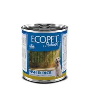 Консервна банка корму для собак з написом 'Ecopet Natural' та зображенням собаки на етикетці.