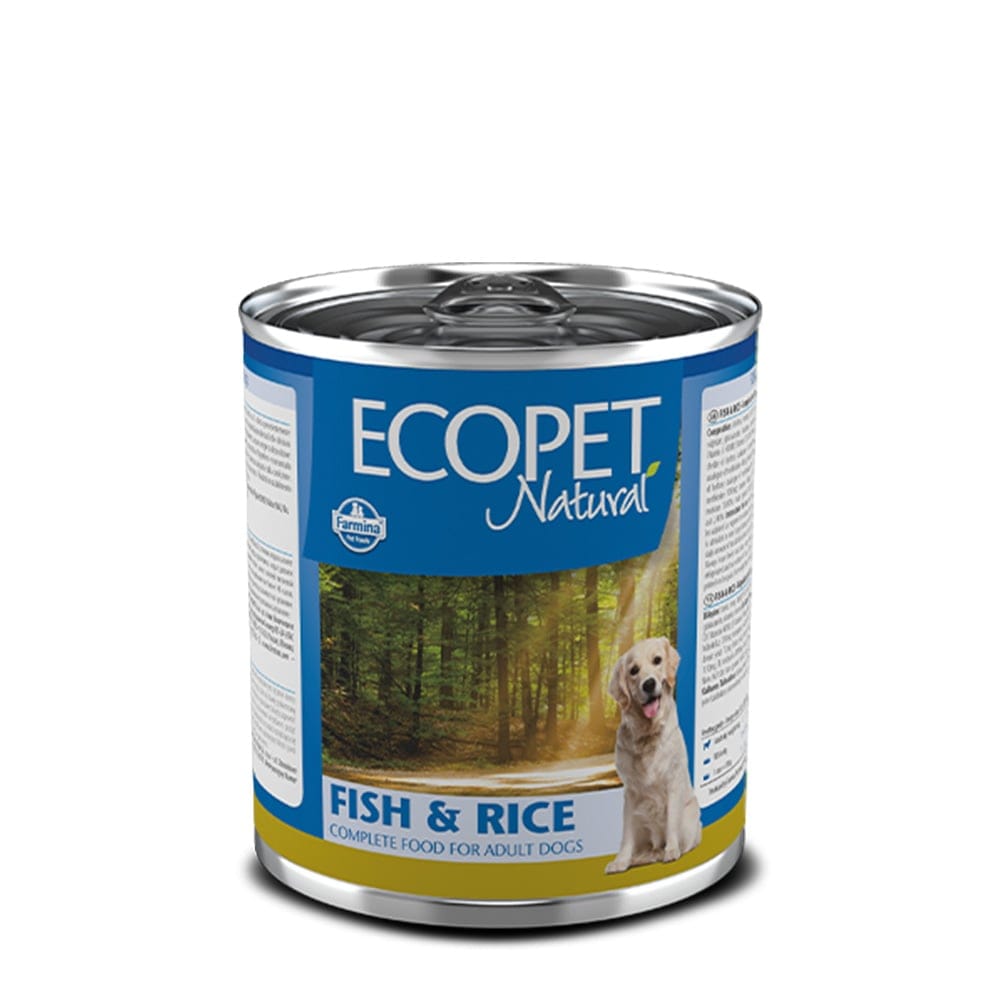 Консерви для собак Ecopet Natural Консервна банка корму для собак з написом 'Ecopet Natural' та зображенням собаки на етикетці.