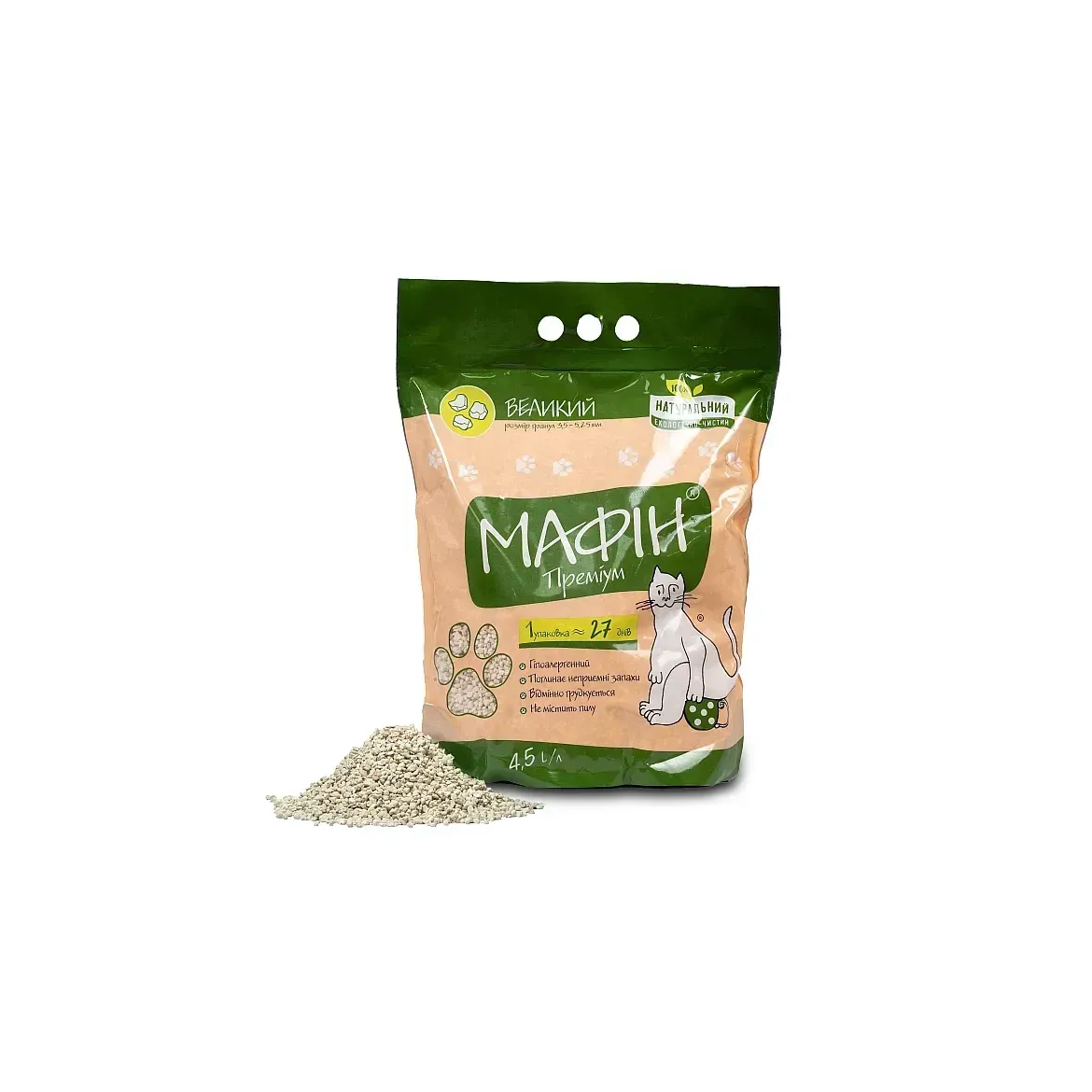 Наповнювач для котячого туалету Мафін Преміум Пакет наповнювача для котячого туалету з написом "Мафін Преміум" і зображенням кота.