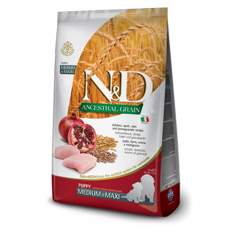 Корм для цуценят N&D Ancestral Grain Пакет корму для цуценят з куркою, спельтою, вівсом та гранатом.