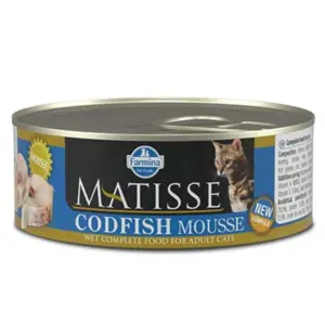 Консервна банка з їжею для котів з написом "Matisse Codfish Mousse".