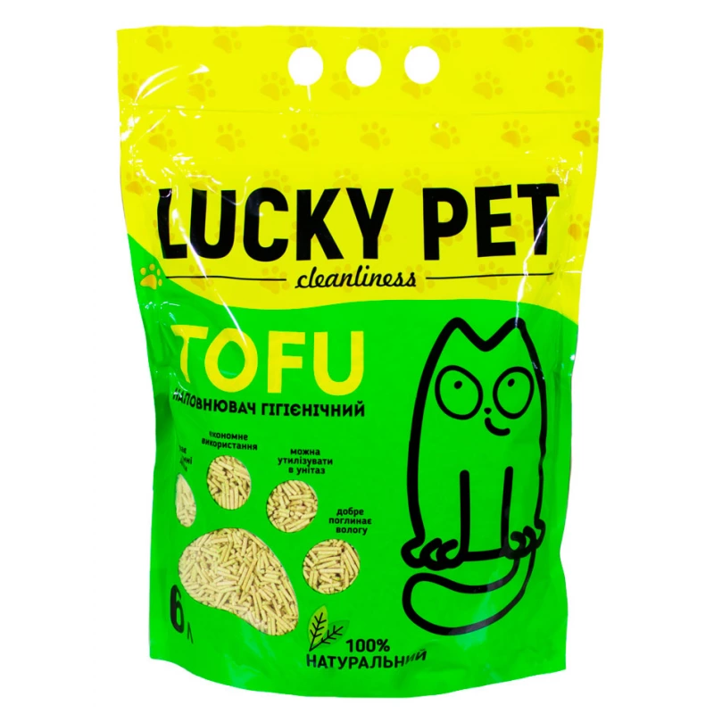 Наповнювач для котів Tofu від Lucky Pet Пакет з наповнювачем для котів Tofu від Lucky Pet з яскравим дизайном.