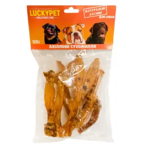 Пакет з натуральними ласощами для собак, що містить ахіллове сухожилля.