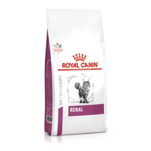 Пакет корму для котів Royal Canin Renal з зображенням кота на упаковці.