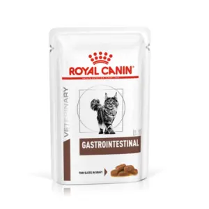 Пакет корму для котів Royal Canin Gastrointestinal з зображенням кота на упаковці.