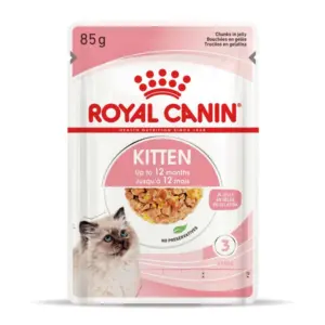 Пакет з їжею для кошенят Royal Canin з зображенням кошеняти та інформацією про вік до 12 місяців.