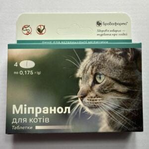 Упаковка таблеток для котів "Міпранол" з зображенням кота.