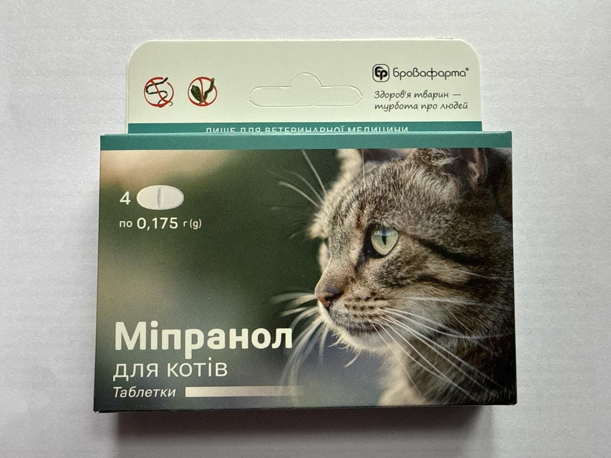 Упаковка Міпранолу для котів Упаковка таблеток для котів "Міпранол" з зображенням кота.