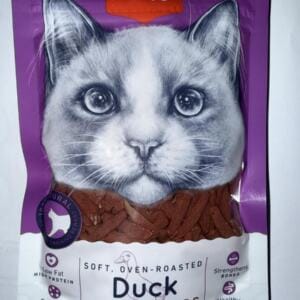 Пакетик ласощів для котів з зображенням котячої голови та смужками з качки.