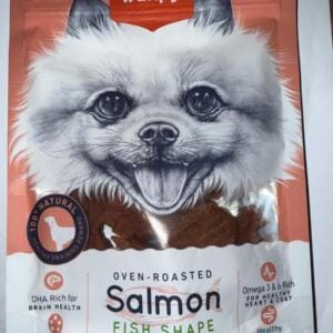 Пакет з ласощами для собак з зображенням щасливого собаки на передньому плані.