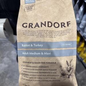 Пакет сухого корму для собак марки Grandorf з інгредієнтами з кролика та індички.