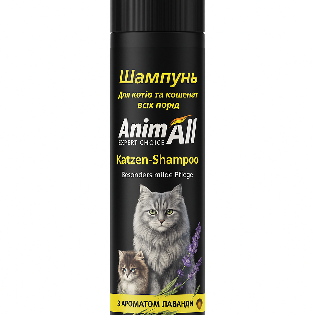 Шампунь для котів AnimAll Флакон шампуню для котів з зображенням котів і лаванди.