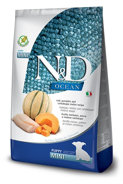 Корм для цуценят N&D Ocean Пакет корму для цуценят N&D Ocean з написом та зображенням дині і гарбуза.