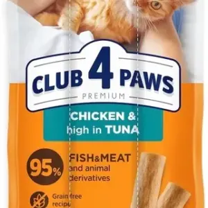 CLUB 4 PAWS Преміум М'ясна паличка з куркою та тунцем для котів 15г