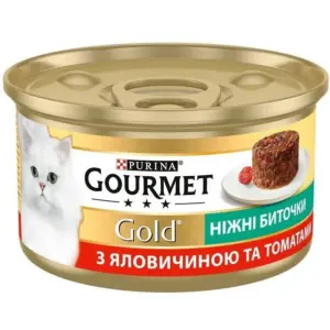 GOURMET GOLD Ніжні биточки з яловичиною та томатами — вологий корм для котів 12×85г