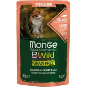 MONGE BWild Grain Free — вологий корм з лососем, креветками та овочами для котів 85 г