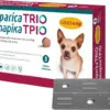 Упаковка жувальних таблеток Simparica TRIO для собак вагою 1,25-2,5 кг з зображенням собаки.
