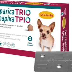 Упаковка жувальних таблеток Simparica TRIO для собак вагою 1,25-2,5 кг з зображенням собаки.